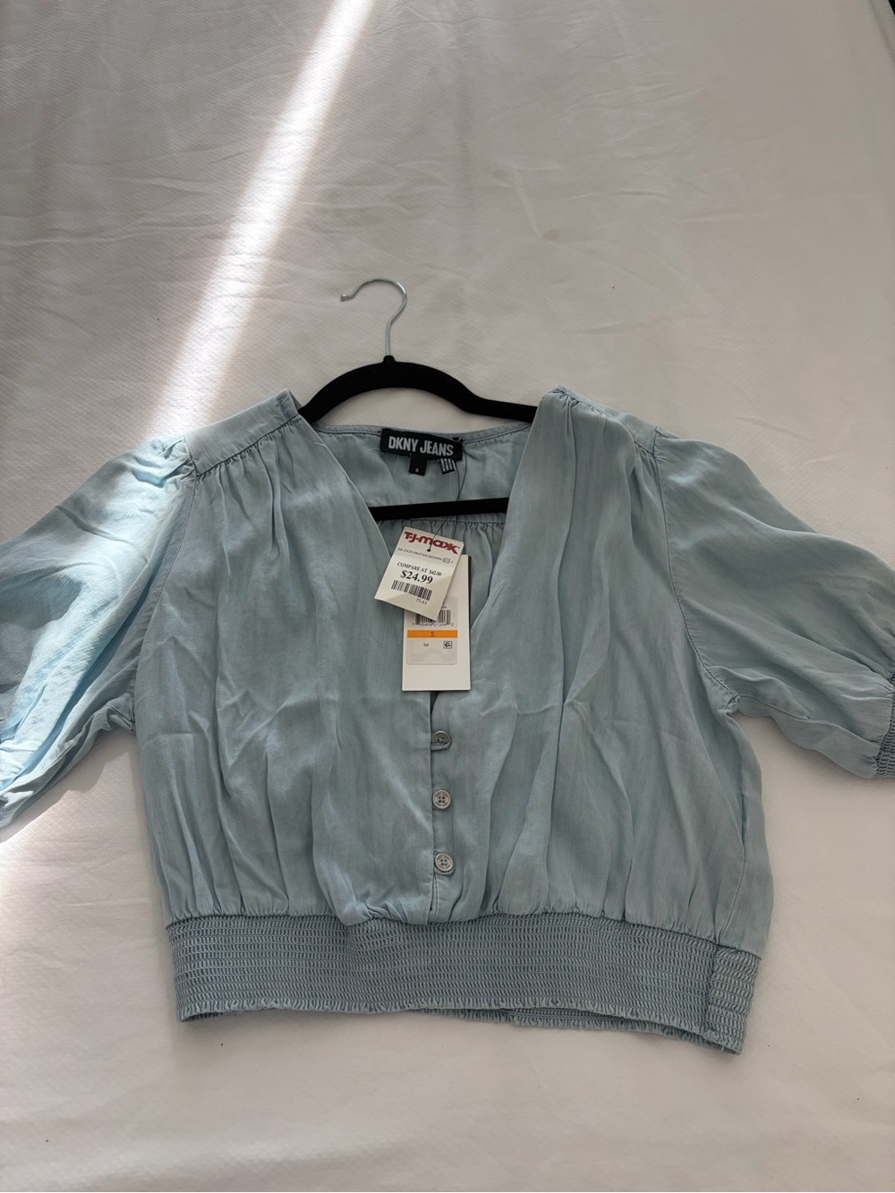 DKNY Light Blue Button-Front Smocked Hem Crop Blouse